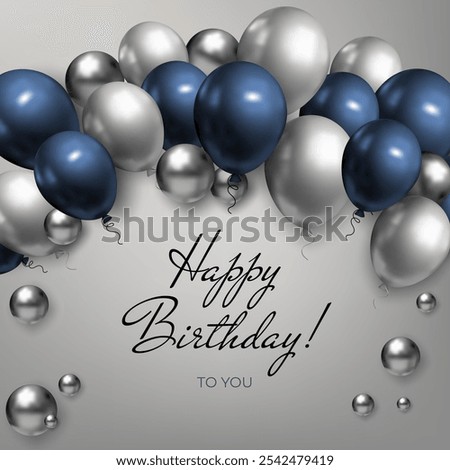 A 3D corporate birthday banner with balloons and silver balls in blue tones. For advertisements, greeting cards, or web banners, featuring a modern, festive design. Not AI.