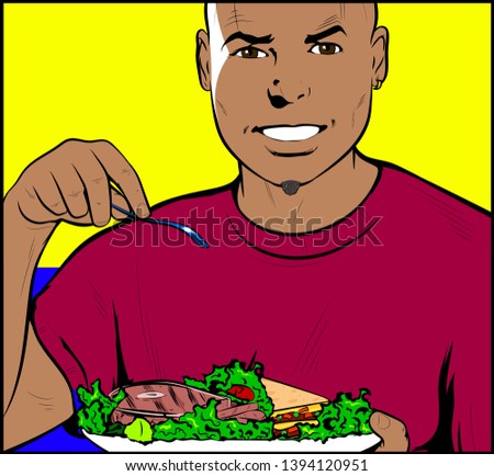 Illustration of Happy young black man eating salad and beef steak. Eating Red Meat, Easy Low-Carb Dinner, Cultured artificial Lab-grown meat