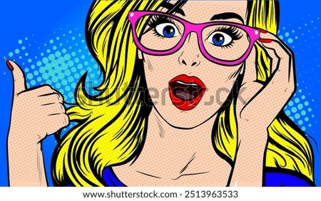 Winner success, excited WOW pose. Thumbs up, excellent job. Portrait of enthusiastic woman, blonde hair surprised showing like gesture. Pop Art Comic Book Surprised young woman with open mouth