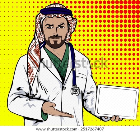 Arab doctor with stethoscope holding tablet. Portrait of a Saudi Arabian medic. Arab saudi emirates show empty white tablet. Medical history. Pop Art Comic book, retro, vintage illustration vector art