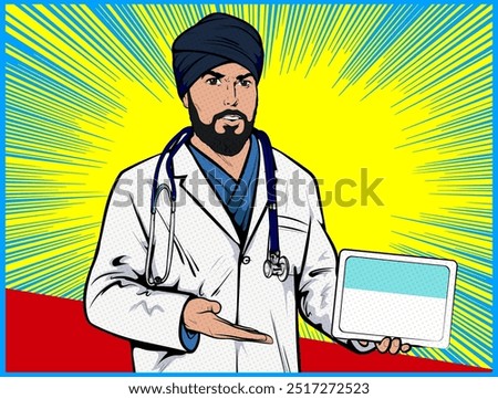 Young bearded Indian Sikh man doctor wearing turban. Physician holding presenting white empty tablet banner. Medic with stethoscope at hospital. Pop Art Comic book, retro, vintage illustration vector