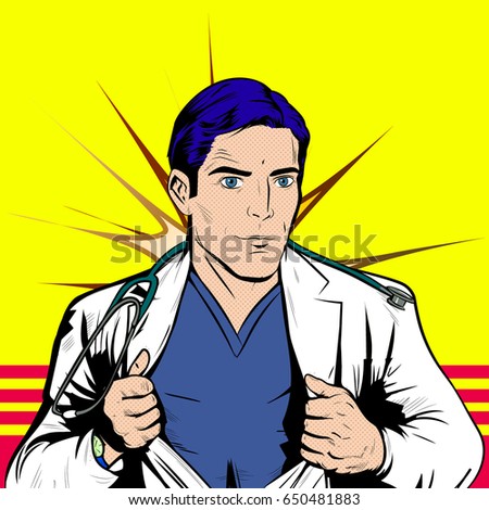 Doctor acting like a super hero and tearing his shirt off - Pop Art Comics Retro style. Concept of medical doctor fighting against global pandemic virus ripping coat. Vector illustration Retro Vintage