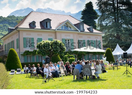 ANNECY, FRANCE - JUNE 01, 2014 : Literature lecture at meeting with French writers in Talloires - Annecy, France on June 01, 2014. French literature is an object of national pride for centuries.
