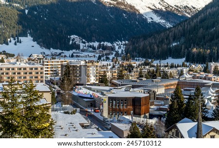 DAVOS, SWITZERLAND - JANUARY 14, 2015 : Panorama of Davos, Switzerland with Congress Center building, where  annual meeting 2015 of 45th World Economic Forum takes  place on January 21-24.