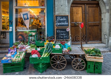 ZURICH, SWITZERLAND - JANUARY 09, 2015 : Small super market in Old Town of Zurich, Switzerland.