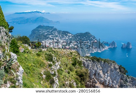 Mediterranean  view from top of Monte Salaro on isle of Capri, Italy.