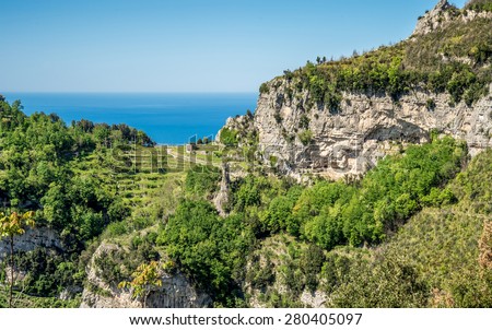 Hiking trail Path of the Gods from Praiano to Positano on Amalfi Coast, Italy.