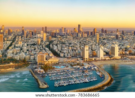 Aerial  sun set view of Mediterranean Seashore of Tel Aviv,  Israel. Stock fotó © 