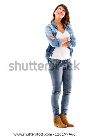 Thoughtful woman looking up - isolated over a white background