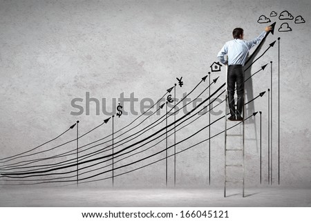 Back view image of businessman drawing graphics on wall ストックフォト © 