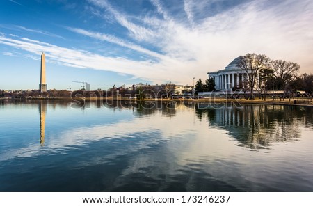 The Washington Monument and Thomas Jefferson Memorial reflecting in the Tidal Basin, Washington, DC.