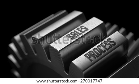 Sales Process on the Metal Gears on Black Background. 