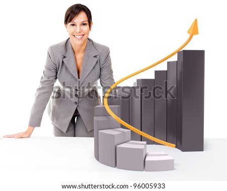 Successful businesswoman with  growth graph - isolated over a white background