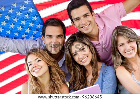 Similar – Image, Stock Photo Content woman with USA flag standing on road