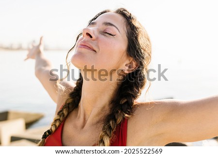 Similar – Image, Stock Photo Peaceful woman meditating in Lotus pose