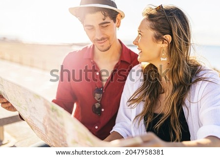 Similar – Image, Stock Photo Focused woman with map sitting near camping tent in nature