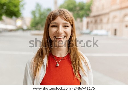 Image, Stock Photo portrait of young woman outdoors over turquoise background wearing protective mask. Summer time and corona virus concept