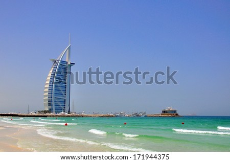 DUBAI, UAE - JUNE 11: Burj Al Arab, the most expensive hotel in the world in Dubai city on June 11, 2012. Dubai is a city in the United Arab Emirates, located within the emirate of the same name