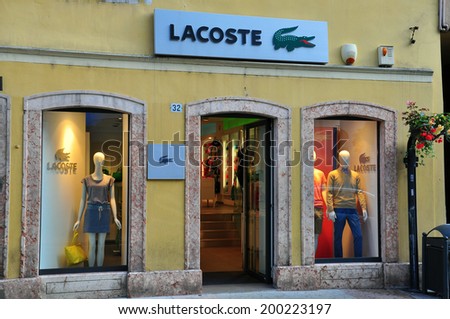 TRENTO, ITALIA - JUNE 21: Facade of Lacoste store in Trento on June 21; 2014. Lacoste is a French clothing company founded in 1933.
