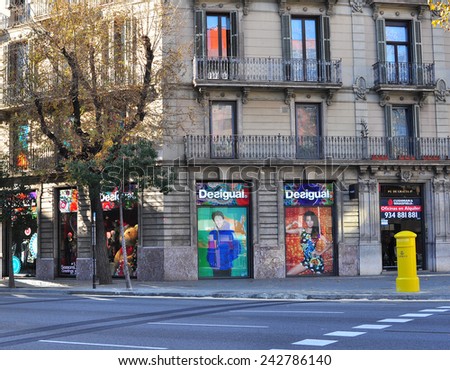 BARCELONA, SPAIN - DECEMBER 25: Retail shops on the street of Barcelona city centre on December 25, 2014. Barcelona is the secord largest city of Spain.