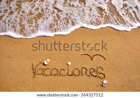 Vacations sign on spanish language. Summer background: waves and sand sunny beach