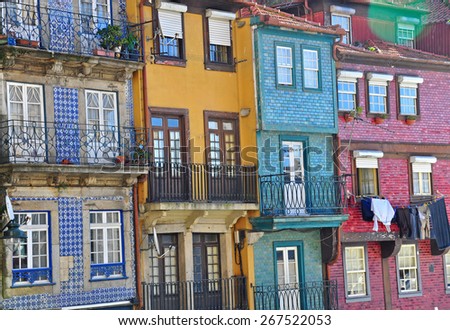 Colorful houses facades of Oporto old town, Portugal. A typical portuguese houses in riviera of Porto city centre.