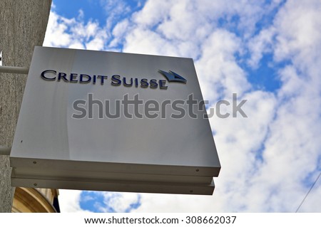 GENEVA, SWITZERLAND - AUGUST 17: Logo of Credit Suisse bank office in Geneva on August 17, 2015. Credit suisse is a Switzerland-based multinational financial services holding company.