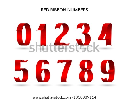 Red ribbon numbers with realistic 3d effect. Vector illustration.