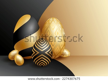 Happy Easter Day festive background template with realistic gold Easter eggs compsition. Horizontal banner template, web poster, flyer, greeting card. Vector illustration.