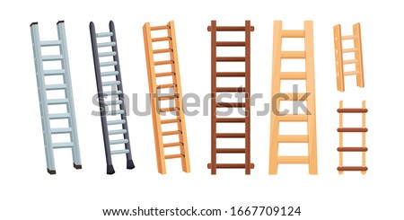 Set of aluminum and wooden ladders with stairs. Cartoon vector illustration isolated on white background
