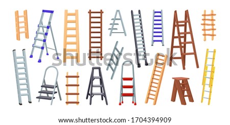 Big colection of wooden and metal Ladders. Vector illustration isolated on white background. Icons for web and design