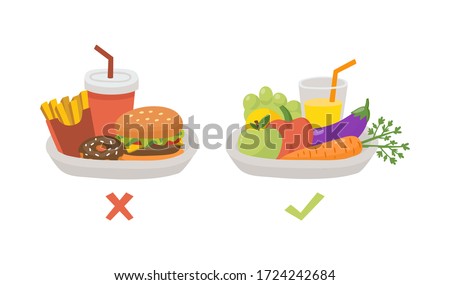 Healthy and unhealthy food. Food choice. Plates with organic products and fast food. Diet decision concept and nutrition. Fresh fruit and vegetables or greasy cholesterol. Vector illustration concept.