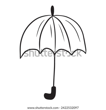 Simple opened straight poe umbrella drawing in black isolated on white background. Rain protection, concept of contraception, sun burns. Hand drawn vector sketch doodle illustration vintage engraved