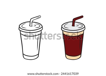 Disposable plastic carton cup with straw for tea, coffee, soda drink in red colors isolated on white background. Hand drawn vector sketch illustration in doodle engraved vintage style. Coloring book