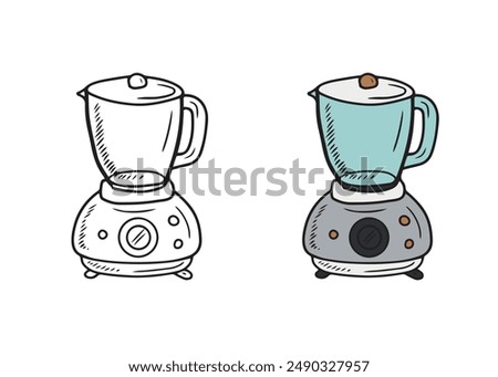 Countertop blender in black isolated on white. HAnd drawn vector sketch illustration in doodle engraved vintage line art style. Kitchen tools for cooking and grinding products, coloring book