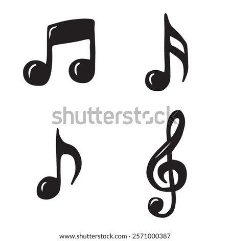 Set of treble clef and musical notes in black isolated on white background. Hand drawn vector sketch illustration in doodle vintage line art style. Music creation, icon, silhouette drawing, song