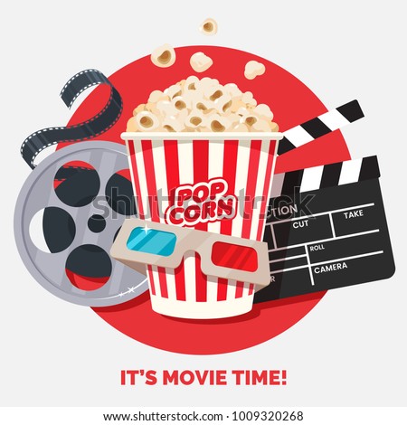 Movie time vector illustration. Cinema poster concept on red round background. Composition with popcorn, clapperboard, 3d glasses and filmstrip. Cinema banner design for movie theater. Imagine de stoc © 