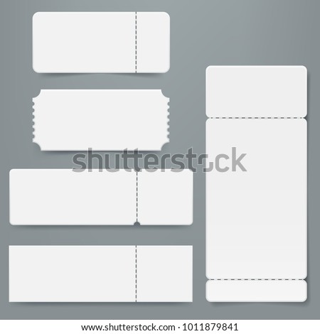 Set of blank ticket mockup template. Realistic White paper coupon isolated on grey background. Cinema, party, circus, festival or concert tickets design. Vector eps 10.