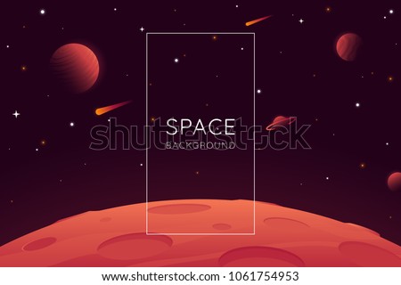 Red planet landscape vector illustration. Space background with place for text. Surface of the planet with craters. Space decoration for your design. Stars and comets on dark background. Eps 10