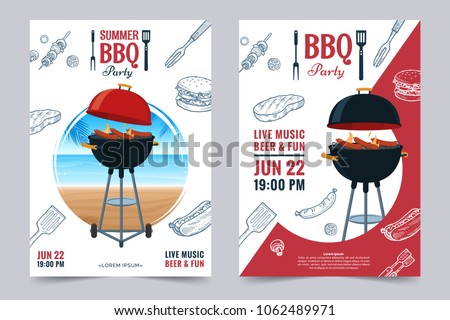 BBQ party a4 invitation template. Summer Barbecue weekend flyer. Grill illustration with food sketches . Design template for menu, poster, announcement. Vector eps 10.