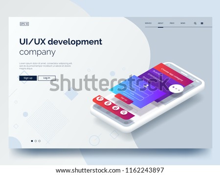 Isometric conceptual mobile phone with disassembled user interface. Ui, Ux development vector illustration. Landing page concept. Mobile app wireframe. Eps 10.
