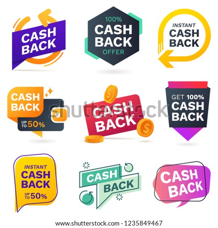 Cash back icons set. Colorful cashback banner collection. Money refund signs. Return of money from purchases. Promotion badges for your business. Vector illustration.