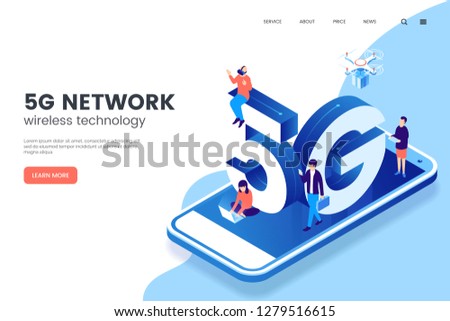 5G network wireless technology vector illustration. Isometric smartphone with big letters 5g and tiny people. High-speed mobile Internet. Using modern digital devices. Web page template.