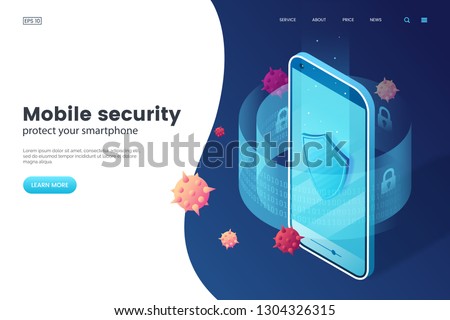 Mobile security vector illustration. Protective smartphone and shield. Internet security. Cyber attack on smartphone. Isometric style. Antivirus application.