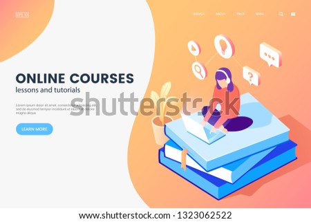 Online courses isometric illustration. Girl with laptop sits on books. Online education web page concept. E-learning banner design. Vector eps 10.