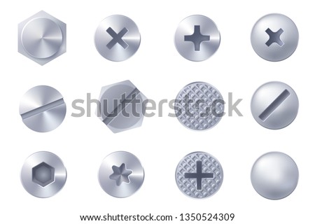 Set of metal screw heads isolated on white background. Collection of different heads of bolts, screws, nails, rivets. View from above. Decorative elements for your design. Vector eps 10.