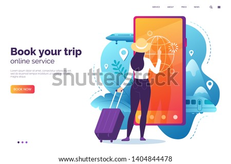 Online booking service vector illustration. Woman with luggage book travel on the smartphone. Trip planning. Online reservation of plane and train tickets. Concept for website or mobile app.