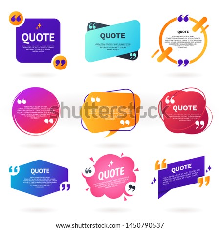 Collection of abstract colorful quote text boxes with quotes symbols. Geometric banner template in different styles. Speech bubble set. Remark frame for your design. Modern badges for promotion.