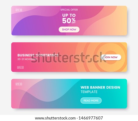 Colorful web banner with push button. Collection of horizontal promotion banners with pastel gradient colors and abstract geometric backdrop.Header design. Vibrant coupon template. Vector eps 10