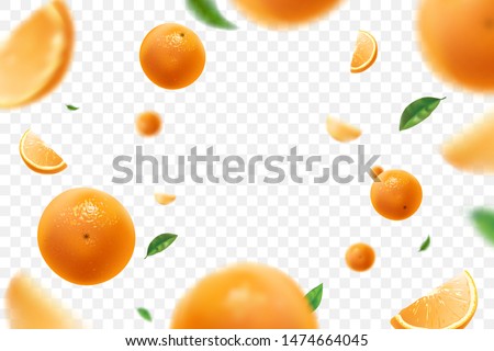 Falling juicy oranges with green leaves isolated on transparent background. Flying defocusing slices of oranges. Applicable for fruit juice advertising. Vector illustration.
